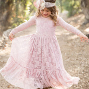 lace pink round neck long sleeve flower girl dress showprettydress