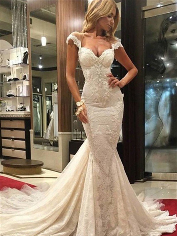 lace sleeveless sweep train mermaid v neck wedding dresses showprettydress 2 lace sleeveless sweep train mermaid v neck wedding dresses showprettydress 2