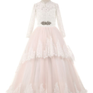 lace tulle bows satin pageant dresses round neck long sleeve sash blush pink floor length party dress showprettydress