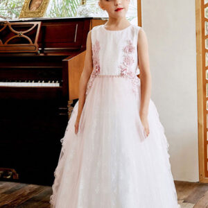 light pink jewel neck lace sleeveless ankle length a line sash kids social party dresses showprettydress