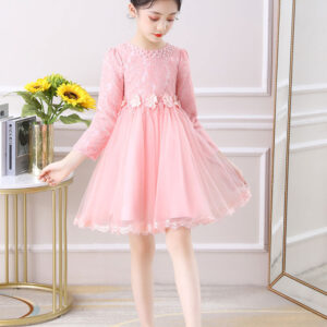 light pink jewel neck long sleeves beaded tulle lace kids social party dresses showprettydress