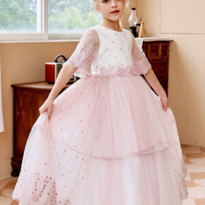 light pink jewel neck short sleeves sash lace tulle formal kids pageant flower girl dresses showprettydress