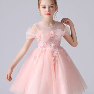 light pink jewel neck short sleeves short a line flowers kids party dresses showprettydress