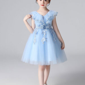 light sky blue designed neckline tulle sleeveless short a line embroidered kids social party dresses showprettydress