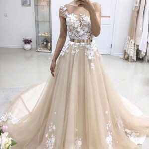 Long A-line Bateau Lace Appliqued Gold Sash Wedding Dress with Sleeves