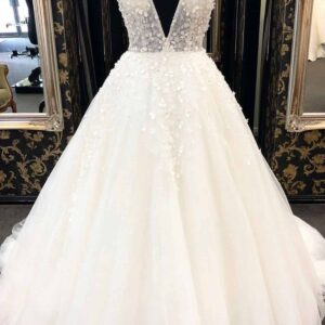 Long A-Line Deep V Neck Tulle Wedding Dress