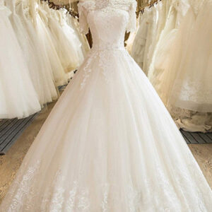 Long A-line Off Shoulder Court Train Lace Tulle Wedding Dresses with Sleeves