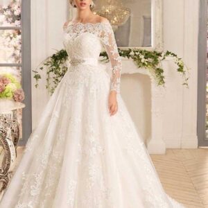 Long A-line Off-the-Shoulder Tulle Lace Wedding Dresses with Sleeves