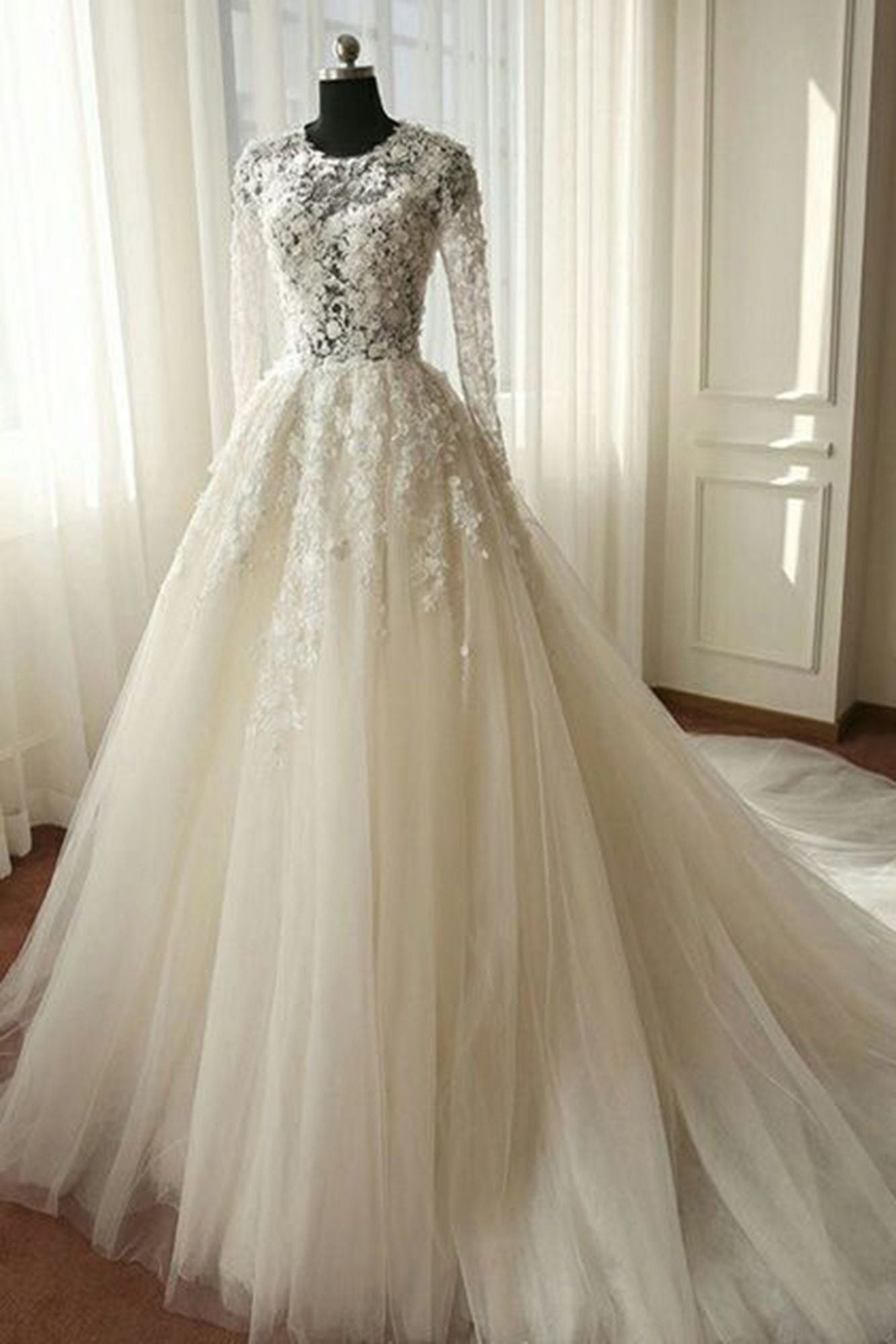long-a-line-organza-lace-wedding-dresses-with-sleeves-showprettydress Long A-line Organza Lace Wedding Dresses with Sleeves