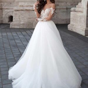 Long A-Line Sleeve Lace Tulle Backless Wedding Dresses with Sleeves