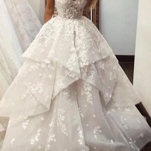 Long A-Line Strapless Sweep Brush Train Lace Tulle Wedding Dresses