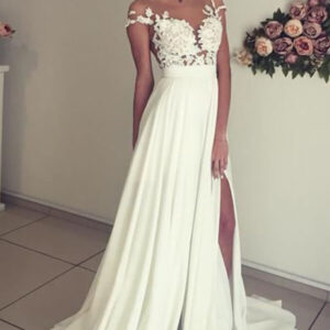 Long A-line Sweetheart Appliques Lace Chiffon Wedding Dress with Slit