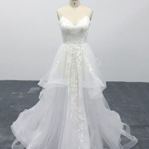 Long A-line Sweetheart Appliques Spaghetti Strap Tulle Wedding Dress