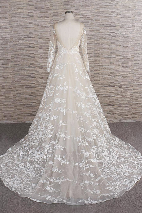 long-a-line-sweetheart-applqiues-tulle-wedding-dress-with-sleeves-showprettydress-2 Long A-line Sweetheart Applqiues Tulle Wedding Dress with Sleeves - Image 2