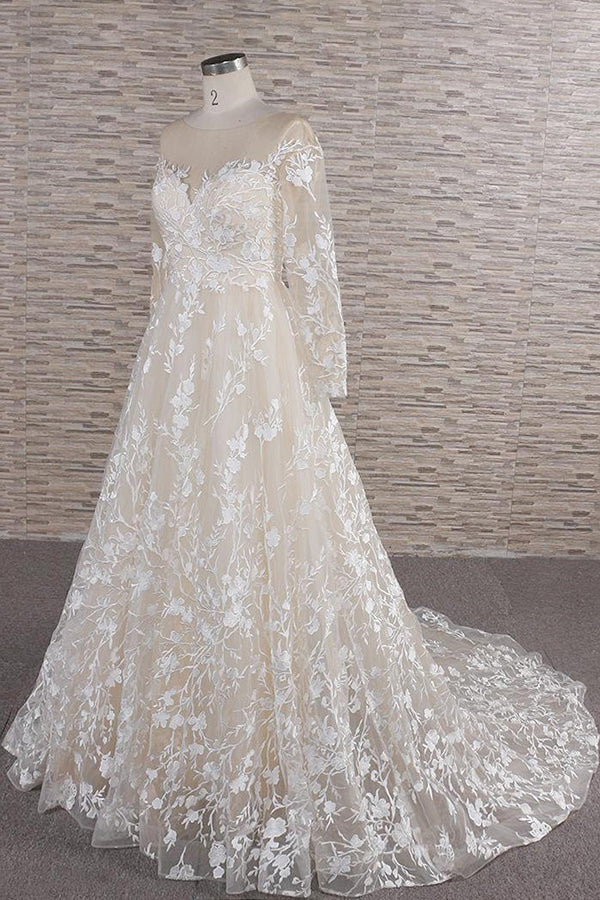long-a-line-sweetheart-applqiues-tulle-wedding-dress-with-sleeves-showprettydress-3 Long A-line Sweetheart Applqiues Tulle Wedding Dress with Sleeves - Image 3