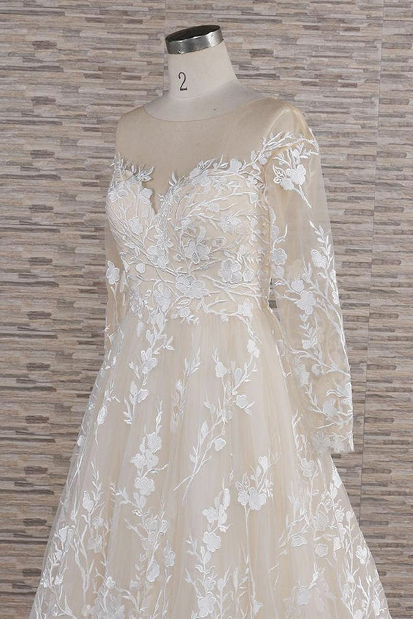long-a-line-sweetheart-applqiues-tulle-wedding-dress-with-sleeves-showprettydress-5 Long A-line Sweetheart Applqiues Tulle Wedding Dress with Sleeves - Image 5