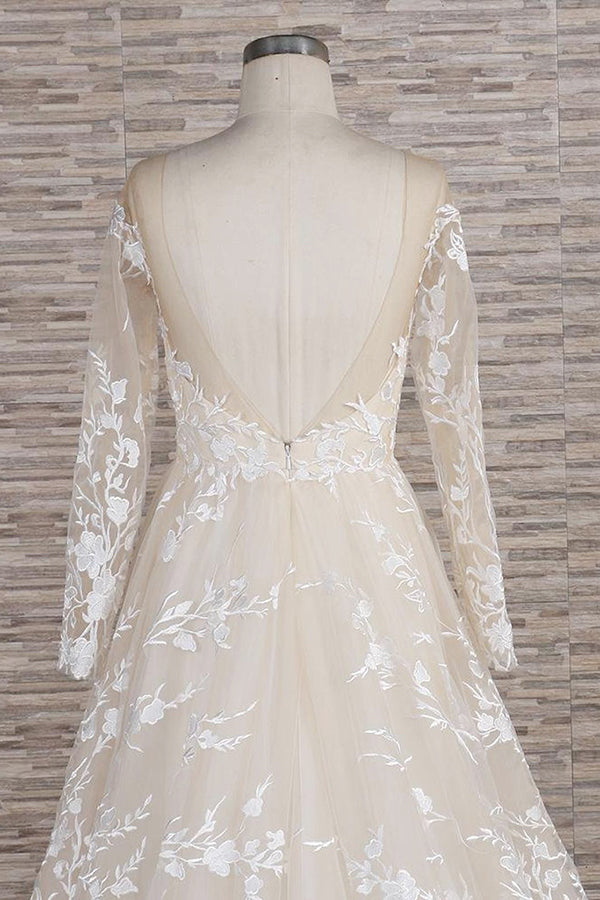 long-a-line-sweetheart-applqiues-tulle-wedding-dress-with-sleeves-showprettydress-6 Long A-line Sweetheart Applqiues Tulle Wedding Dress with Sleeves - Image 6