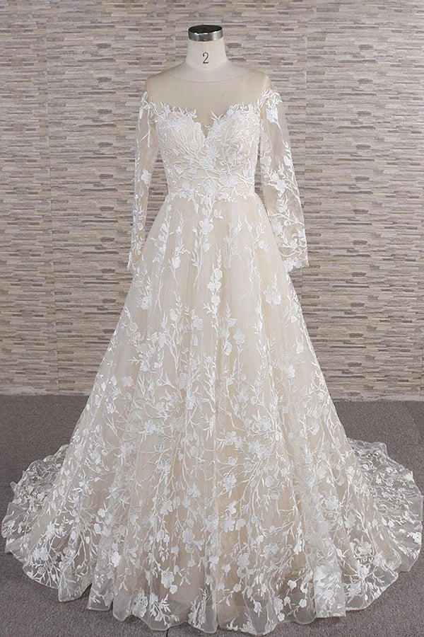 long-a-line-sweetheart-applqiues-tulle-wedding-dress-with-sleeves-showprettydress Long A-line Sweetheart Applqiues Tulle Wedding Dress with Sleeves