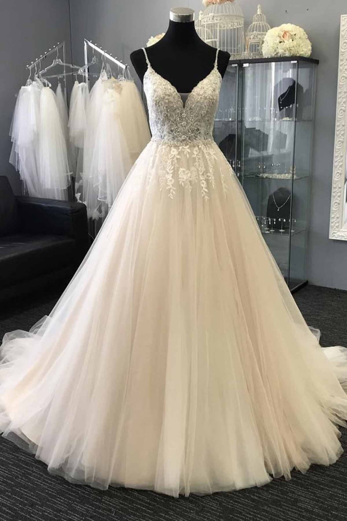 long-a-line-sweetheart-lace-tulle-wedding-dress-showprettydress Long A-line Sweetheart Lace Tulle Wedding Dress