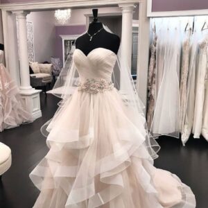 Long A-line Tulle Beaded Waistline Sweetheart Wedding Dress