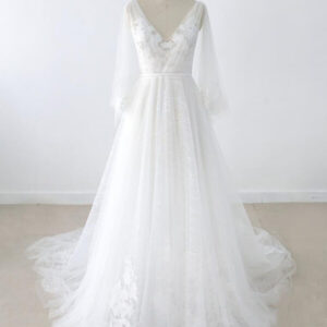 Long A-line V-neck Appliques Lace Tulle Backless Wedding Dress with Sleeves