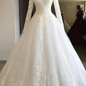 Long A-line V-neck Appliques Lace Tulle Wedding Dress with Sleeves