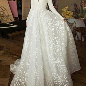 Long A-Line V-Neck Covered Button Satin Lace Wedding Dresses with Sleeves
