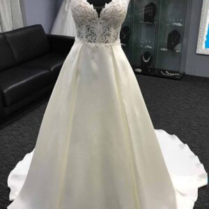 Long A-Line V Neck Halter Satin Wedding Dress