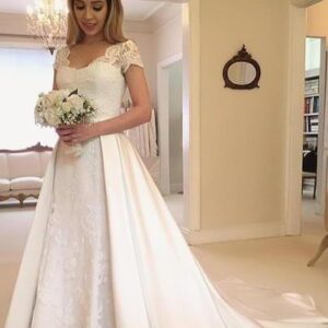 Long A-Line V-Neck Lace Satin Wedding Dresses with Sleeves