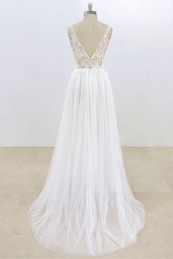 long-a-line-v-neck-lace-tulle-open-back-wedding-dress-showprettydress-2 Long A-line V-neck Lace Tulle Open Back Wedding Dress - Image 2