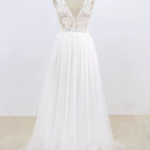 Long A-line V-neck Lace Tulle Open Back Wedding Dress