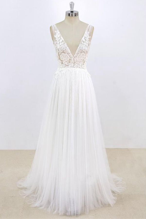 long-a-line-v-neck-lace-tulle-open-back-wedding-dress-showprettydress Long A-line V-neck Lace Tulle Open Back Wedding Dress
