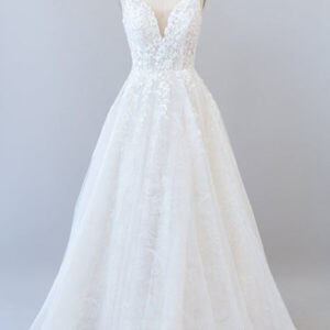 Long A-line V-neck Open Back Appliques Lace Tulle Wedding Dress