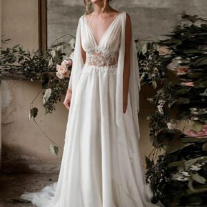Long A-Line V-Neck Ruffles Chiffon Wedding Dresses