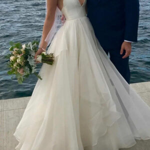 Long A-Line V Neck Satin Tulle Open Back Wedding Dresses