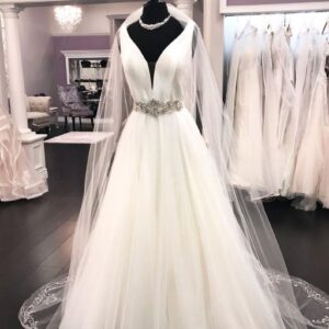 Long A-line V Neck Satin Tulle Wedding Dress
