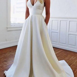 Long A-Line V Neck Stretch Satin Backless Wedding Dresses with Pockets