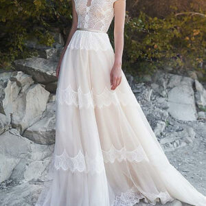 Long A-Line V Neck Sweep Brush Train Tulle Backless Wedding Dresses