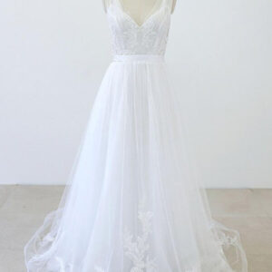 Long A-line V-neck Sweetheart Ruffle Applqiues Tulle Backless Wedding Dress