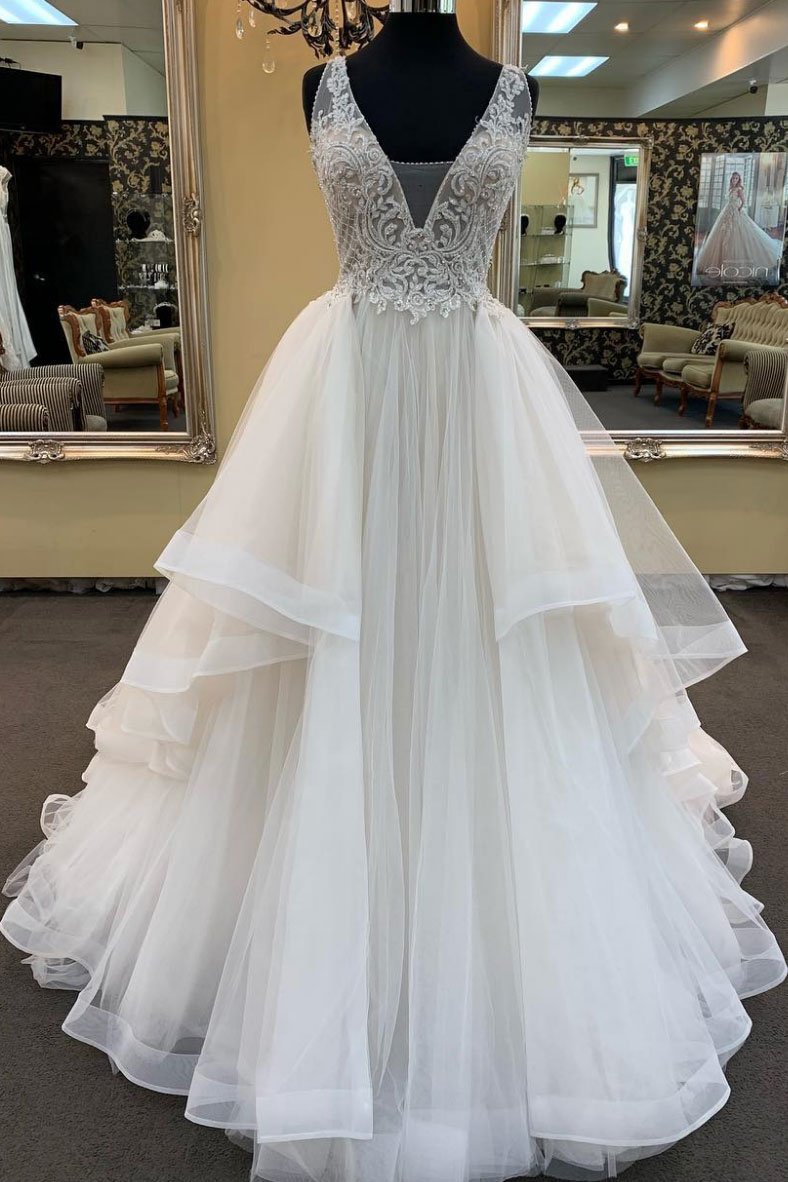 long-a-line-v-neck-tulle-lace-wedding-dress-showprettydress Long A-line V-neck Tulle Lace Wedding Dress