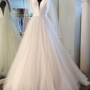 Long A-line V Neck Tulle Satin Wedding Dress