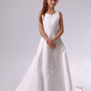 long backless applique satin white flower girl dress showprettydress