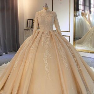 Long Ball Gown High Neck Tulle Lace Wedding Dresses with Sleeves