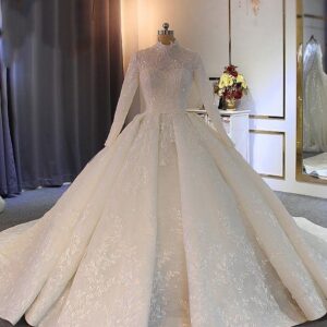 Long Ball Gown High Neck Tulle Lace Wedding Dresses with Sleeves