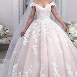 Long Ball Gown Off the Shoulder Tulle Wedding Dress with Appliques Lace