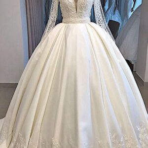 Long Ball Gown Satin V-neck Wedding Dress with Sleeves