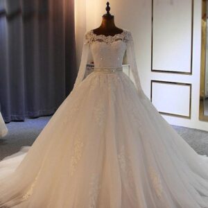 Long Ball Gown Sweetheart Tulle Lace Wedding Dresses with Sleeves