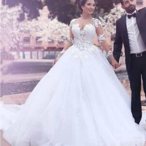 Long Ball Gown Sweetheart Tulle Lace Wedding Dresses with Sleeves