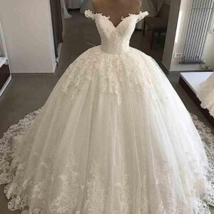 Long Ball Gown V-Neck Lace Tulle Wedding Dresses