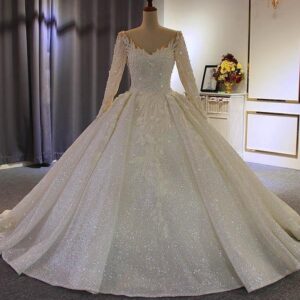 Long Ball Gown V Neck Sequins Wedding Dresses with Sleeves